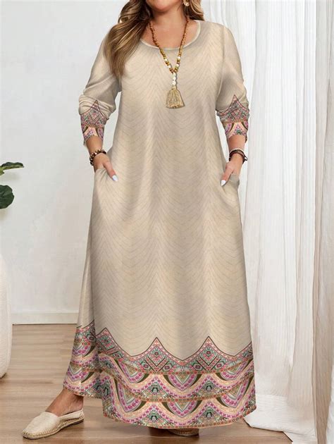 EMERY ROSE Casual Minimalist Allover Print Plus Size Long Sleeve Round ...