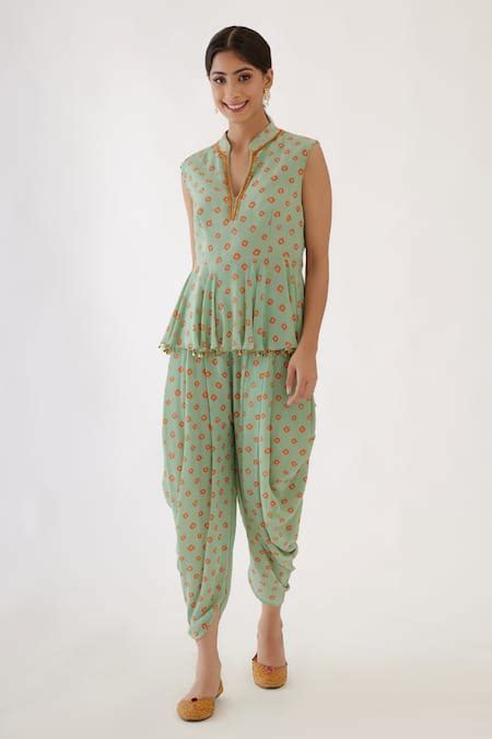 Buy Green 100% Viscose Crepe Coin, Bandhani Printed Peplum Top And ...