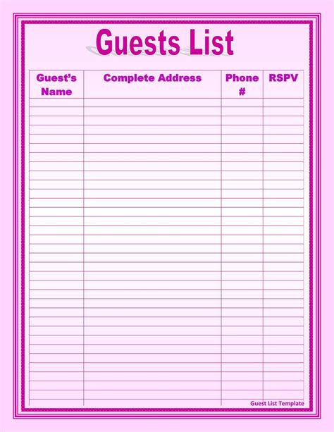Wedding Guest List Printable