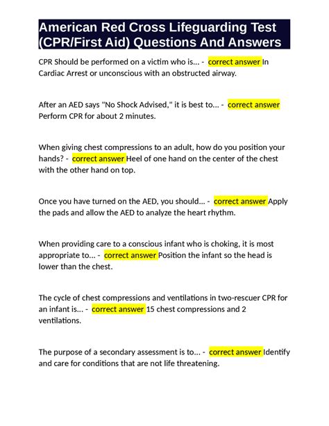 American Red Cross Lifeguarding Test (CPR/First Aid) Questions And ...