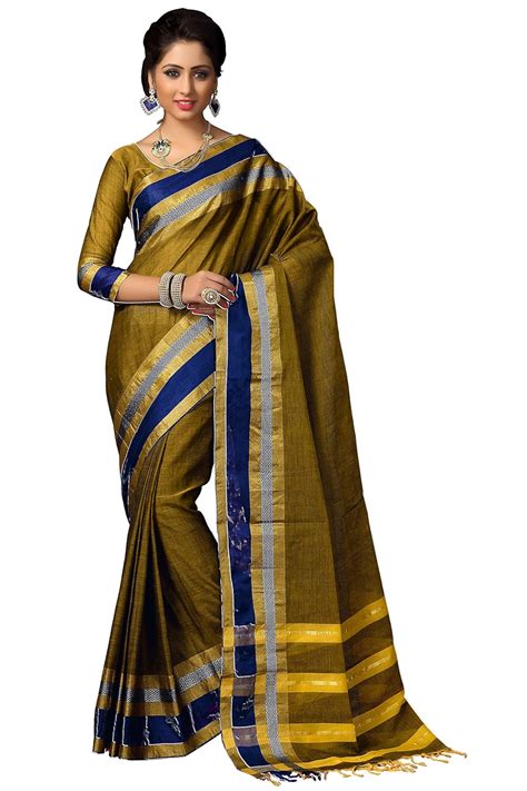 Buy Om Ethnic Women Cotton Blend Yellow Color Zari Border Saree With ...