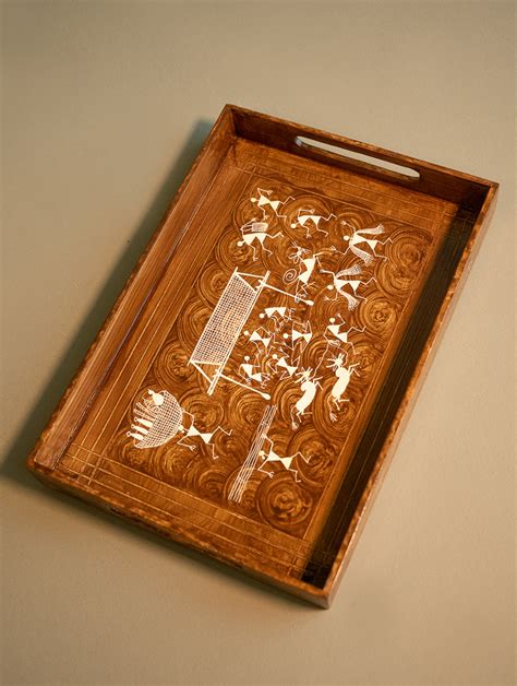 Buy Warli Art Wooden Tray - Village Scenes Online