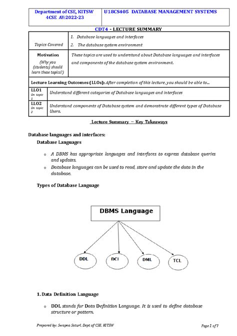 Database languages and interfaces - Department of CSE, KITSW 4CSE AY ...