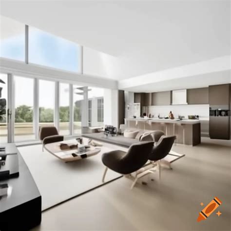 Open-plan living room with floor-to-ceiling windows and modern ...