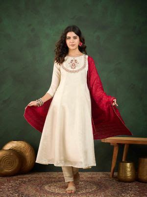 Buy KVS FAB Creme Zari Embroidered Anarkali Kurta with Pant and Dupatta ...