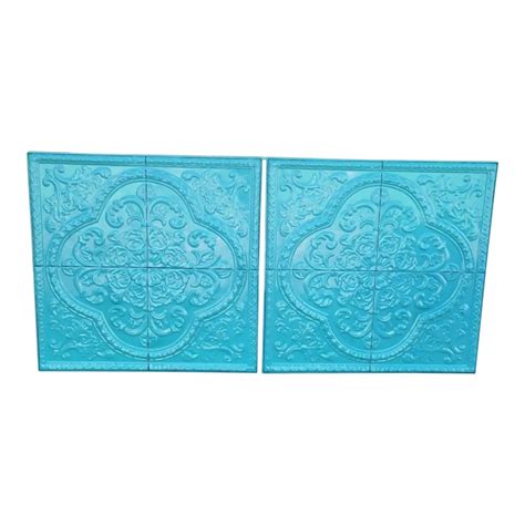 Vintage Huge Square Bright Blue Carved Metal Tin Ceiling Tile Wall Art ...