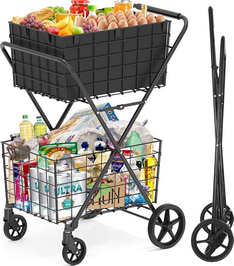[2025𝐍𝐄𝐖] 2-Tier Extra Large Collapsible Grocery Cart On Wheels, 400lbs ...