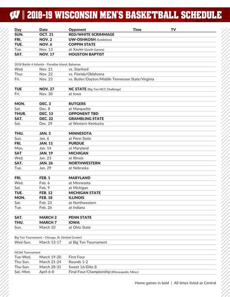 Wisconsin Badger Basketball Printable Schedule - prntbl ...