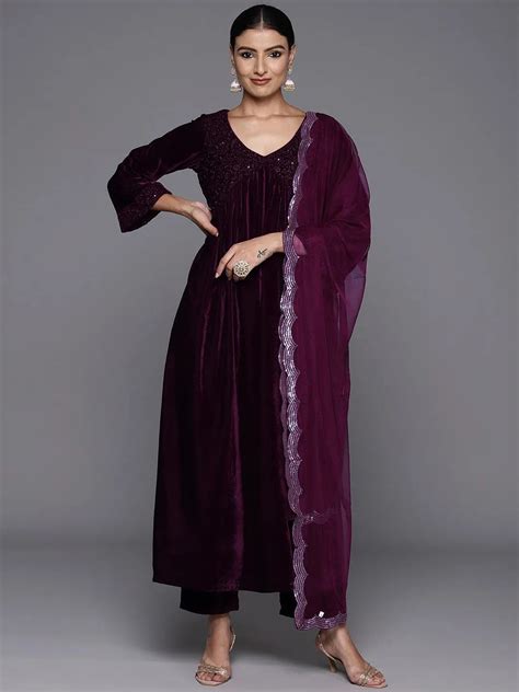 Buy Wine Embroidered Velvet A-Line Kurta With Trousers & Dupatta Online ...