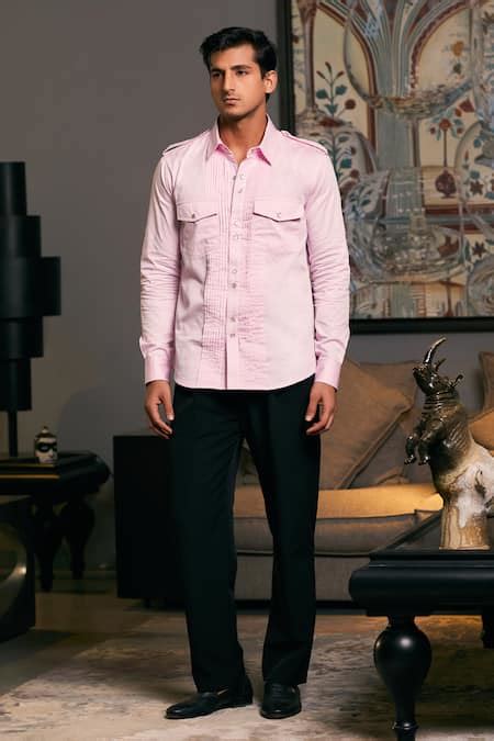 Buy Pink Cotton Satin Solid Collared Military Shirt For Men by ...
