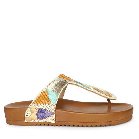 Buy Zaria Women Embroidered Tan Leather Thong Footbed Online – SaintG India