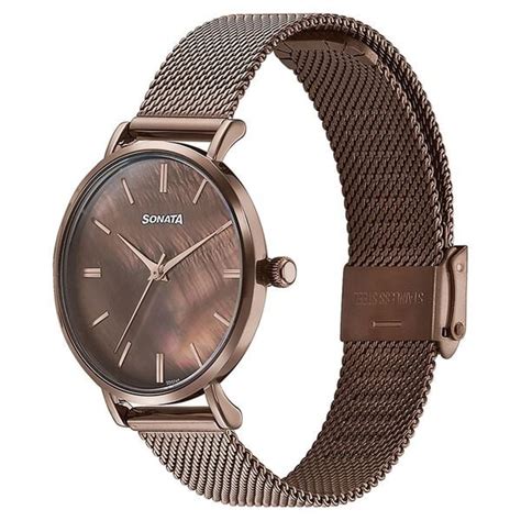 Buy Online Sonata Quartz Analog Brown Dial Brown Stainless Steel Strap ...
