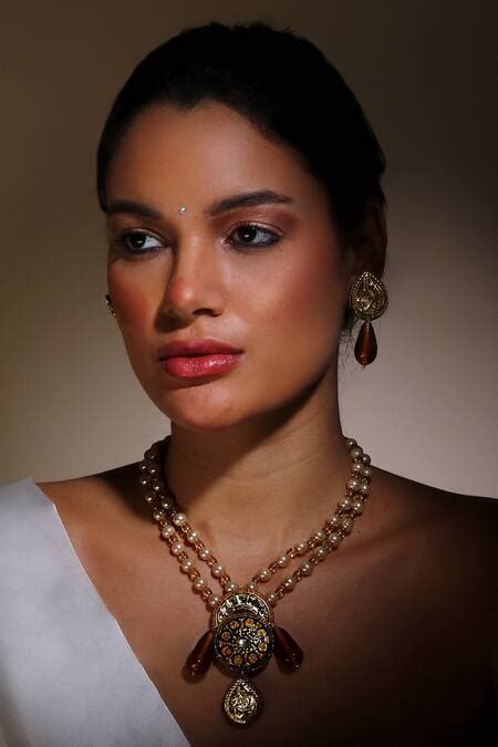 Buy Blue Pearls, Stones Mandala Amber Embellished Pendant Necklace Set ...