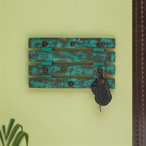 ExclusiveLane 'Keys on Teal Plank' Home Decorative Wooden Hanging Key ...