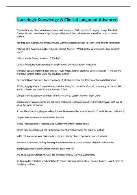 Nurselogic Knowledge & Clinical Judgment Advanced - ATI - Stuvia US