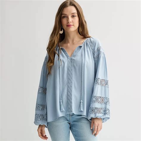 Women's Chelsea & Theodore Tie Neck Long Sleeve Embroidered Blouse