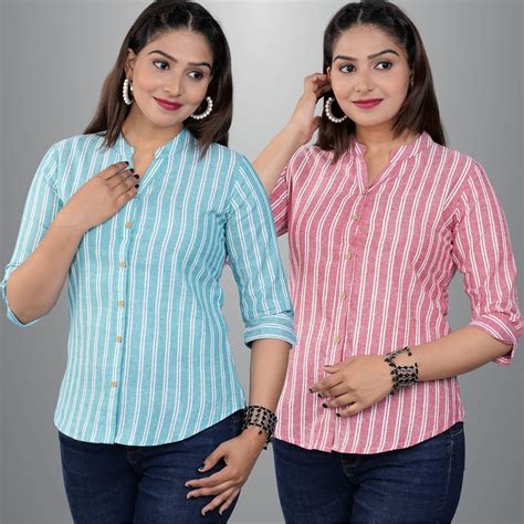 Pack Of 2 Womens Green And Pink Mangoline Striped Casual Shirt – QuaClo