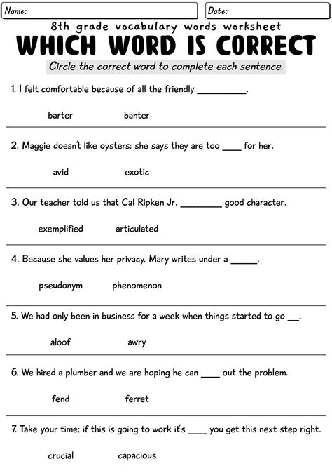 8th Grade Vocabulary Words Worksheet | Vocabulary worksheets ...