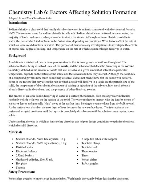 Chemistry Lab 6 Factors Affecting Solution Formation | PDF | Solution ...