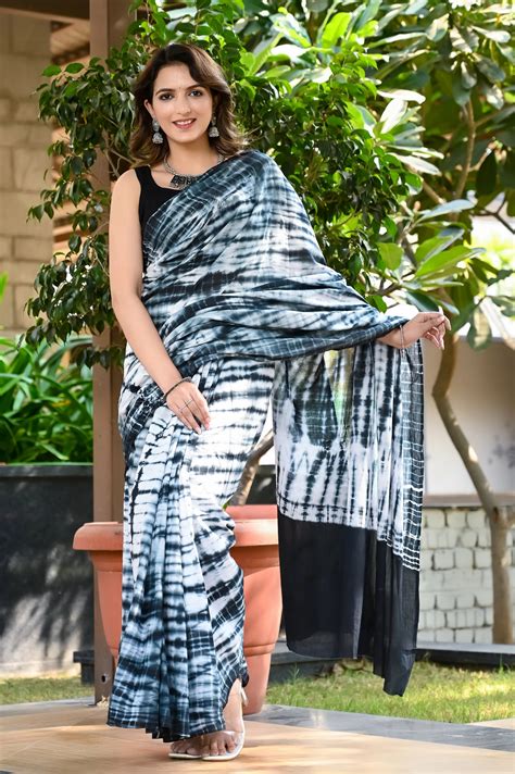 White and black tie die print pure cotton saree – Jaipur Tex