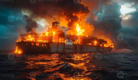 Large cargo ship is burning at sea. The ship in fire 47129749 Stock Photo at Vecteezy