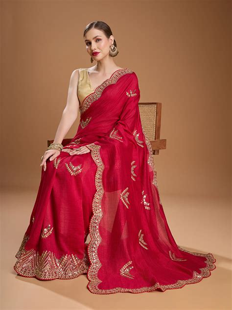 Buy Maroon Chiffon Satin Sequins Embroidered Designer Saree With Blouse ...
