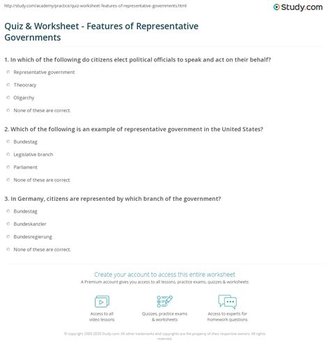 Quiz & Worksheet - Features of Representative Governments | Study.com