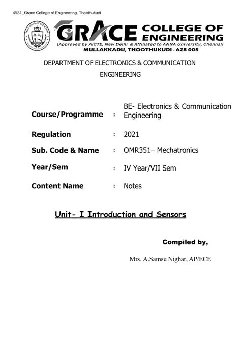 4931_Mechanical Engineering VII Sem OMR351 Mechatronics Notes on PLC ...