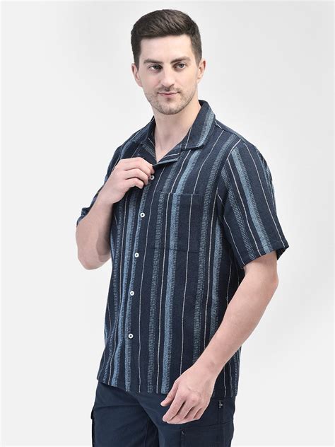 Buy Men’s Navy Blue Striped Cotton Shirt – Urban Casual Wear – ELEVATED