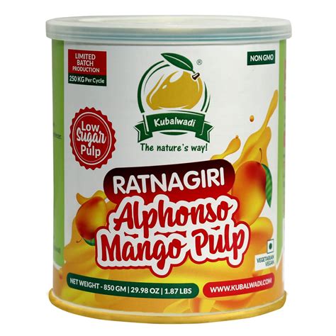 Kubalwadi Low Sugar Ratnagiri Alphonso Mango Pulp | Aamras | No ...