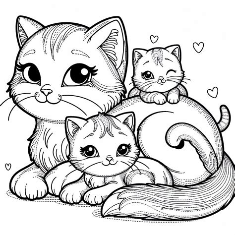 Cat 🐱 with Kittens 🐾👶 Coloring Page