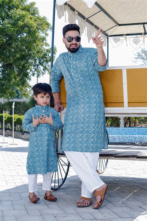 Buy Father-Son Blue Zigzag Print Kurta Pajama Combo Set online ...