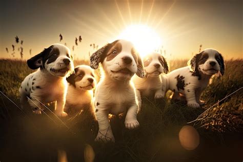 Group of puppies playing in field with sun shining overhead | Premium ...
