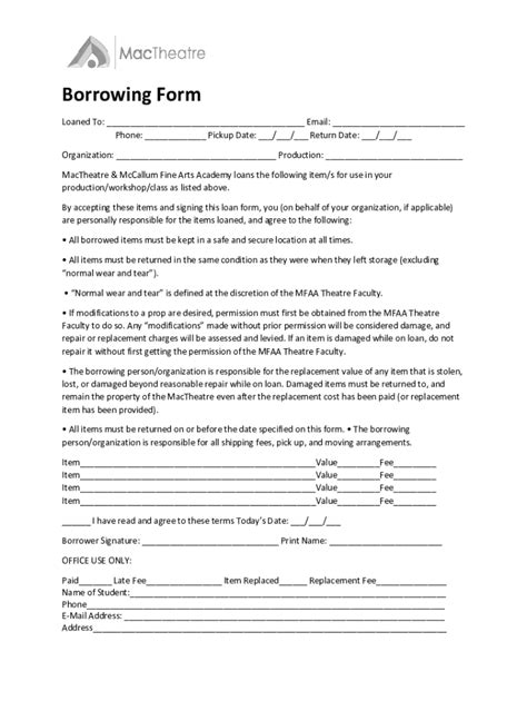 Fillable Online Equipment Borrowing Form Template - Fill Out and Sign ...