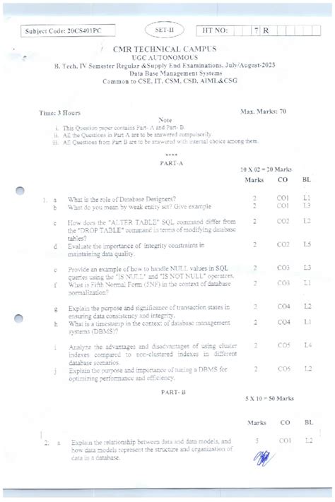 20CS401PC B.Tech IV Sem Supply Exam: Data Base Management Systems Guide ...
