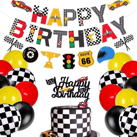 Marweyrace Car Birthday Banner And Cake Topper Racing Chequered Flag ...