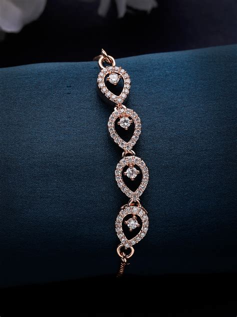 Rose Gold Plated Drop Shaped White American Diamond Studded Bracelet