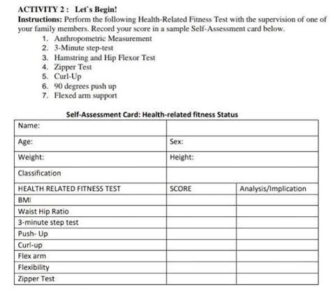 Self-Assessment Card: Health-related fitness StatusName:Age: Sex:Weight ...