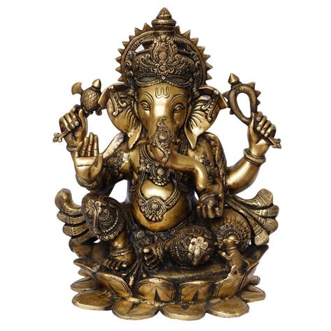 "Lord Ganesha With Mukhut On Lotus": Yellow Orange Handicraft by Brass ...