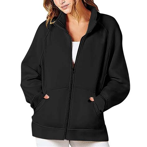 Women's Full Zip Up Jackets No Hood Long Sleeve Loose Fit Sweatshirts ...