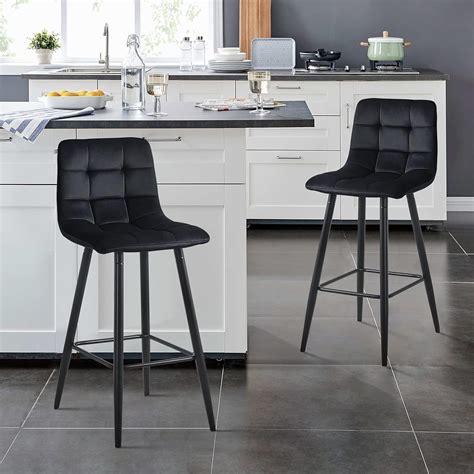 Buy CLIPOP Bar Stools Set of 2 Black Velvet Breakfast Bar Chairs with ...