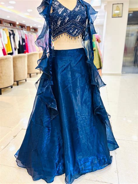 Navy Blue Tissue Organza Readymade Lehenga WIth Ruffle Dupatta- Daabu ...