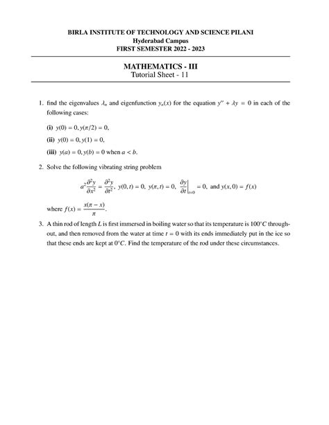 Tutorial Sheet 12 - BIRLA INSTITUTE OF TECHNOLOGY AND SCIENCE PILANI ...