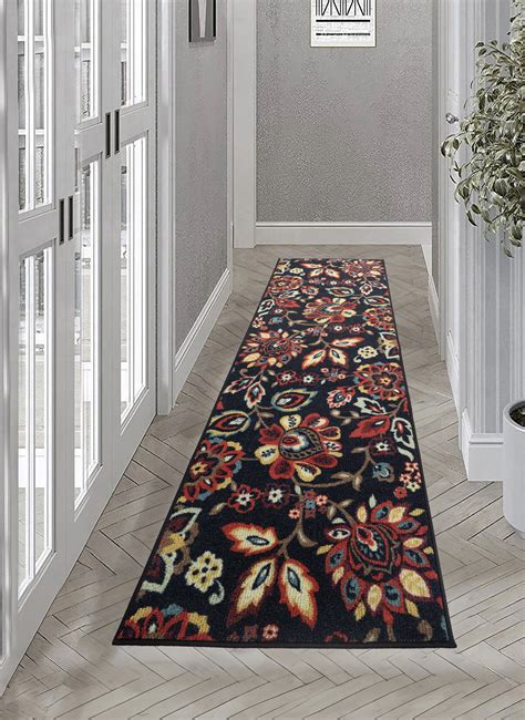 Charlton Home® Custom Size Runner Rug Berber Style Floral Black Low ...