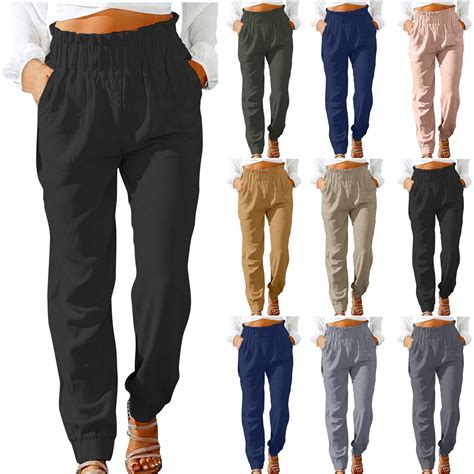 Dazajoo Women's Summer Pants Clearance Sale Cotton Linen Elastic Waist ...