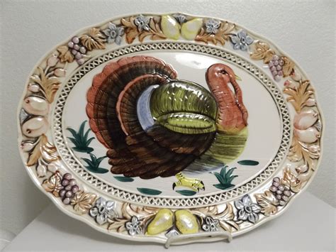 Vintage Large Oval Thanksgiving Turkey Platter / Ceramic Embossed ...