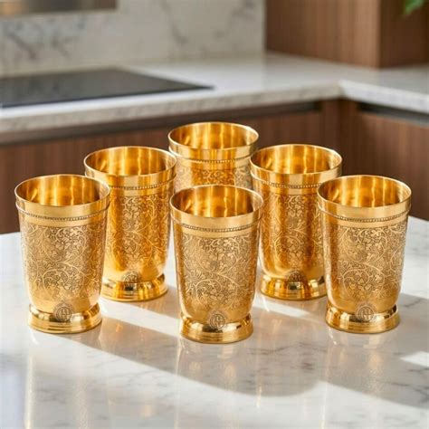 Buy DSH Pure Brass Glass Tumbler with Embossed Design, for Drinking ...