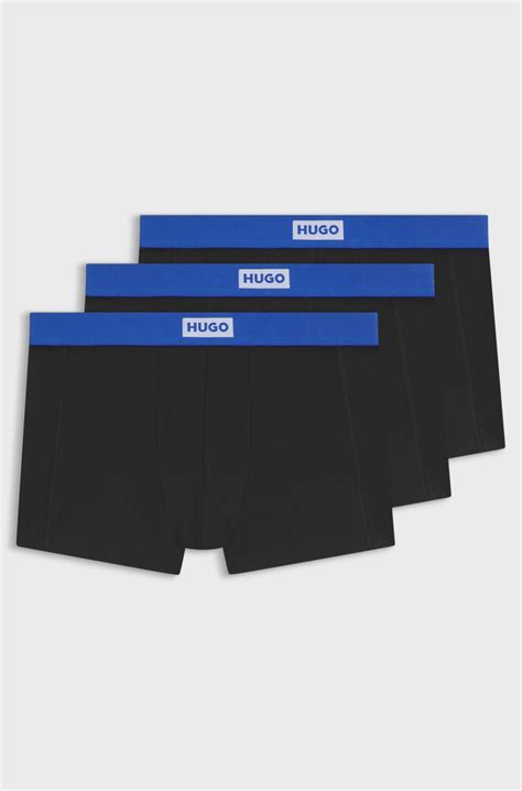 HUGO - Three-pack of stretch-cotton trunks with logo waistbands - Black