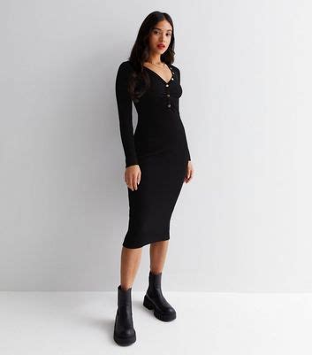 Petite Black Ribbed Knit V Neck Ruched Popper Midi Dress | New Look