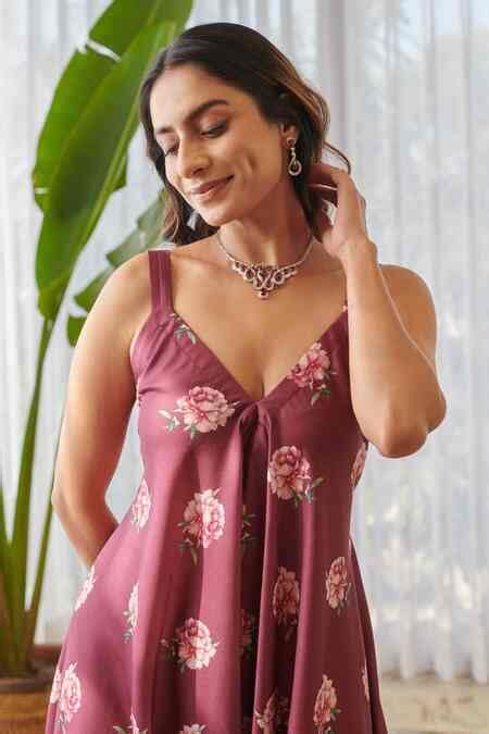 Buy Burgundy Rayon V-neck Floral Print Palazzo Jumpsuit For Women by ...